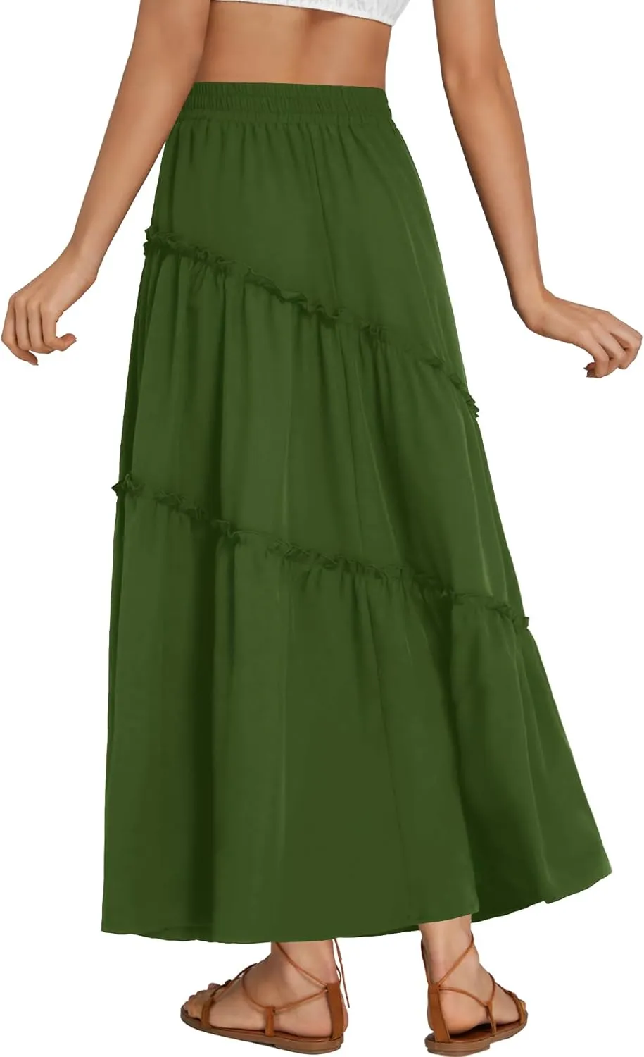 OPOIPIN Women's High Elastic Waist Ruffle Tiered Flowy Beach Summer A-Line Maxi Skirt