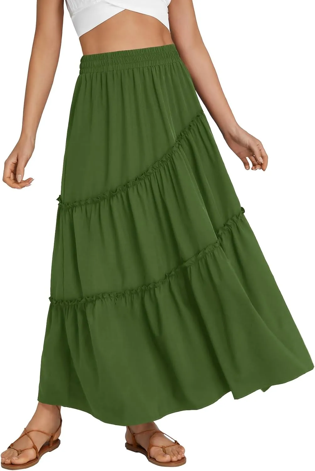 OPOIPIN Women's High Elastic Waist Ruffle Tiered Flowy Beach Summer A-Line Maxi Skirt