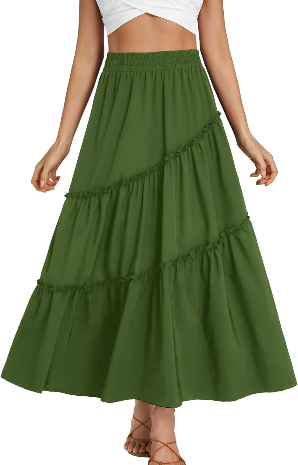OPOIPIN Women's High Elastic Waist Ruffle Tiered Flowy Beach Summer A-Line Maxi Skirt