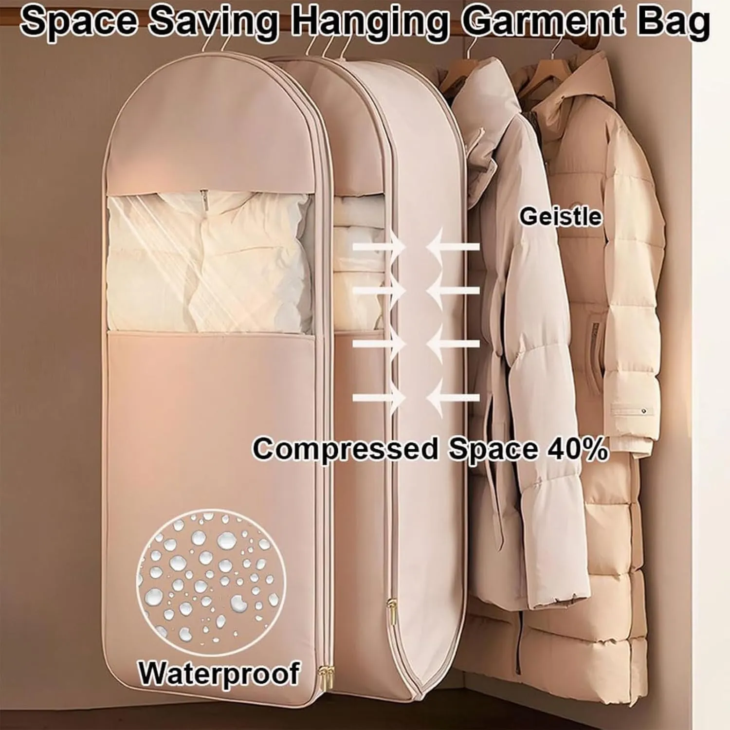 Otherwisie Space Saving Hanging Garment Bag with Self Compression Zipper, Garment Bags for Hanging Clothes, Compression Storage Bags for Clothes, Suits, Coats or Jackets (Beige-L)