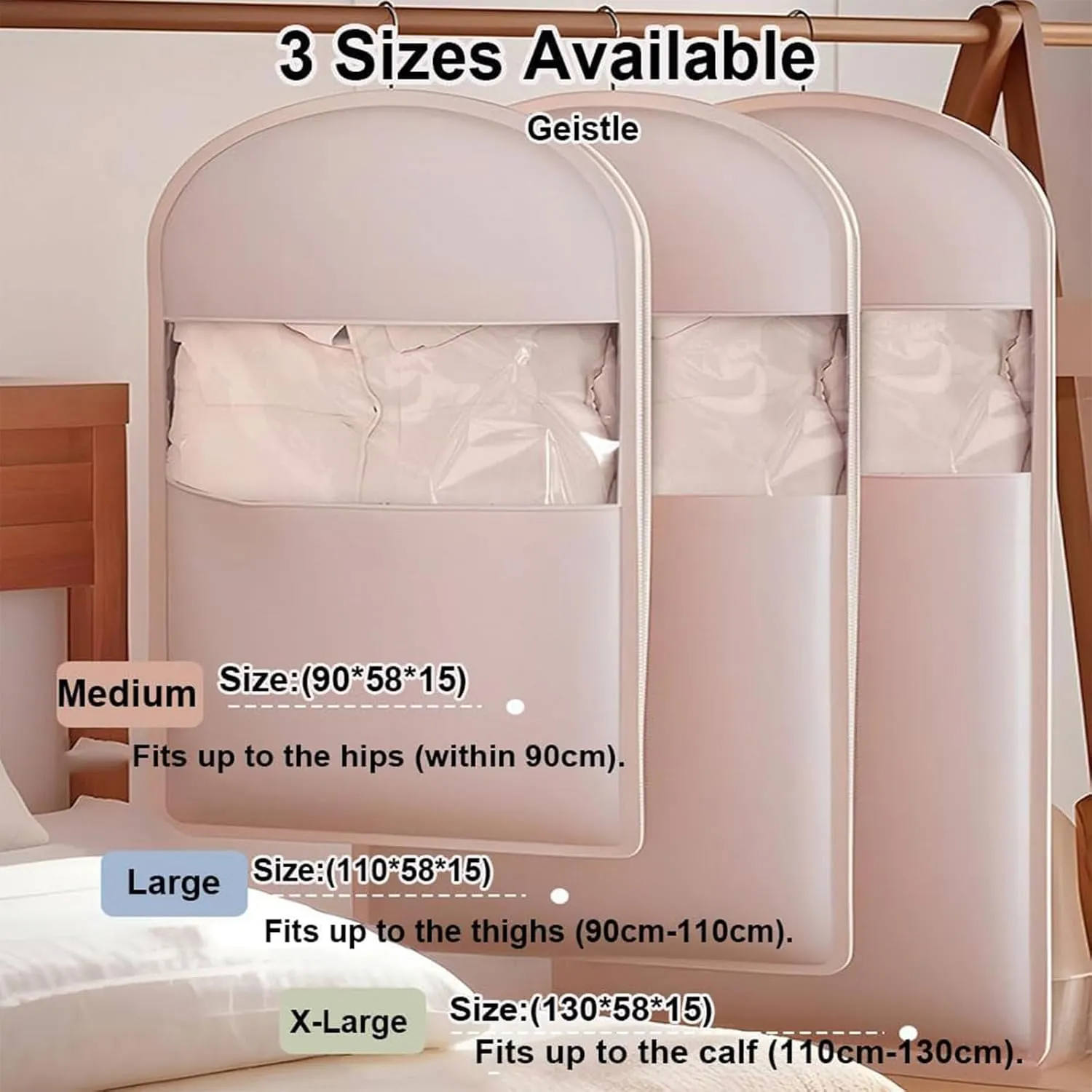 Otherwisie Space Saving Hanging Garment Bag with Self Compression Zipper, Garment Bags for Hanging Clothes, Compression Storage Bags for Clothes, Suits, Coats or Jackets (Beige-L)