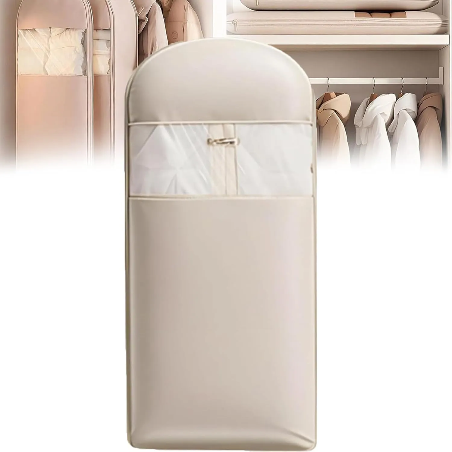 Otherwisie Space Saving Hanging Garment Bag with Self Compression Zipper, Garment Bags for Hanging Clothes, Compression Storage Bags for Clothes, Suits, Coats or Jackets (Beige-L)