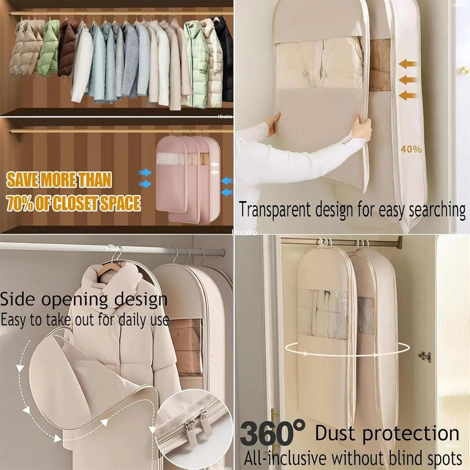 Otherwisie Space Saving Hanging Garment Bag with Self Compression Zipper, Garment Bags for Hanging Clothes, Compression Storage Bags for Clothes, Suits, Coats or Jackets (Beige-L)
