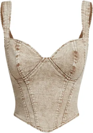 OYOANGLE Women's Denim Sleeveless Crop Tops V Neck Asymmetrical Hem Fitted Jean Corset Bustier Streetwear