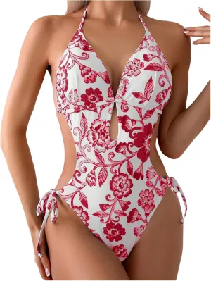 OYOANGLE Women's Floral Print Halter Neck One Piece Swimsuits Cut Out tie Backless Bathing Suit Beach Monokini