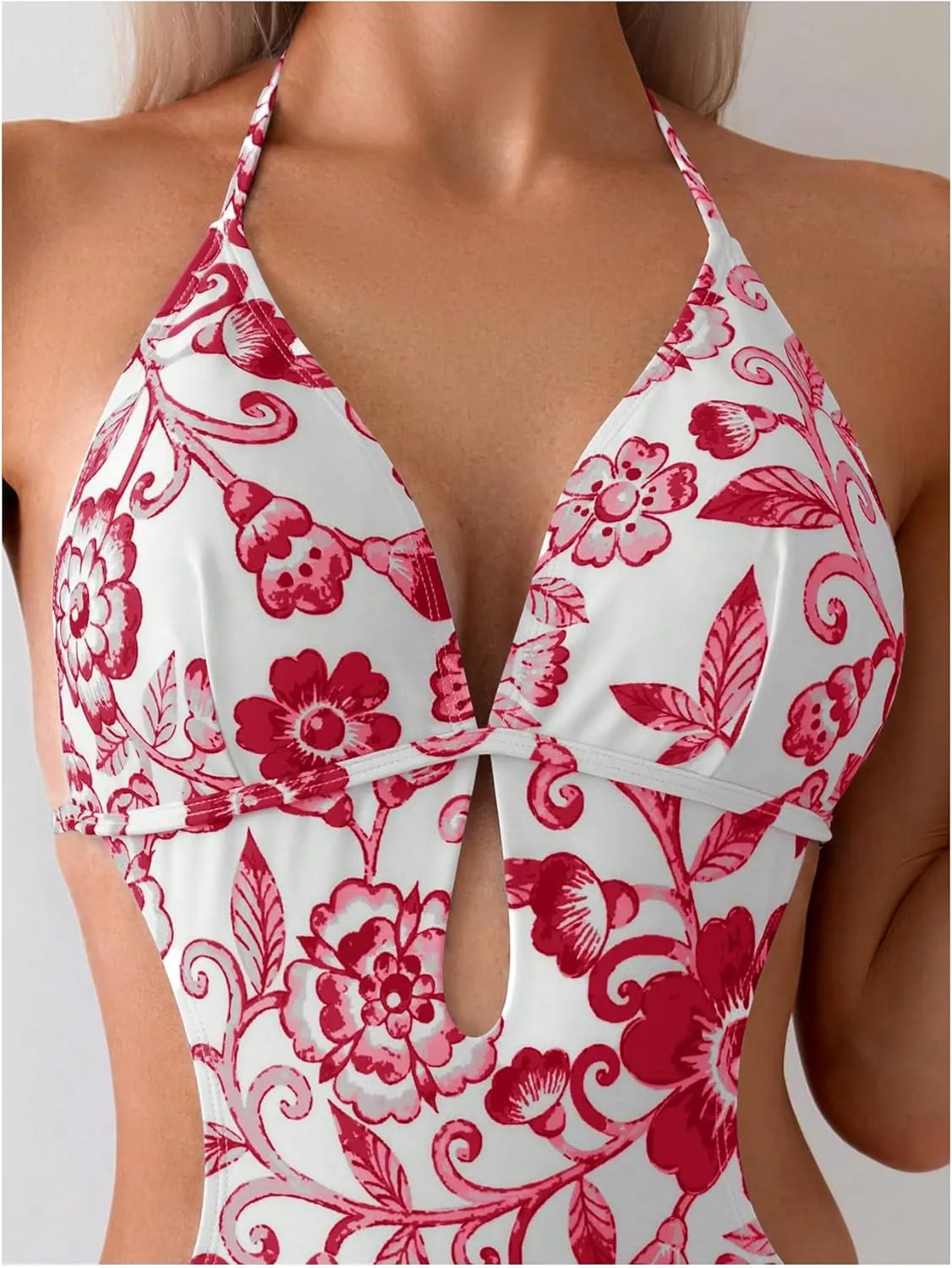 OYOANGLE Women's Floral Print Halter Neck One Piece Swimsuits Cut Out tie Backless Bathing Suit Beach Monokini