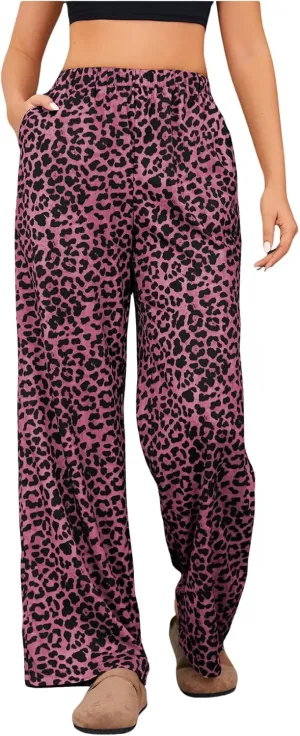 OYOANGLE Women's Leopard Print Elastic High Waist Long Pants Wide Leg Loose Trousers with Pockets
