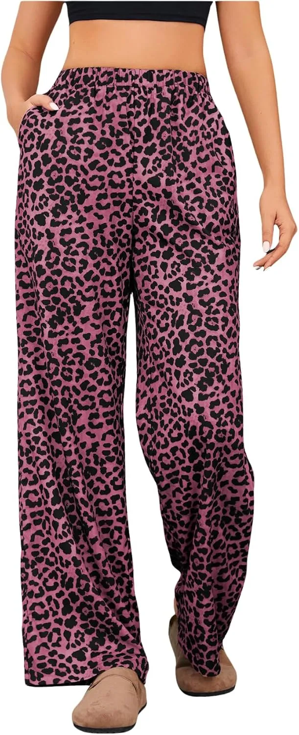 OYOANGLE Women's Leopard Print Elastic High Waist Long Pants Wide Leg Loose Trousers with Pockets