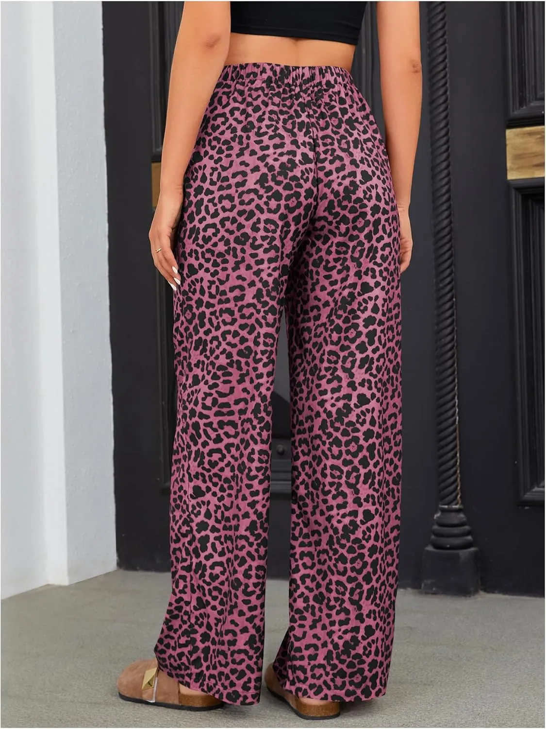 OYOANGLE Women's Leopard Print Elastic High Waist Long Pants Wide Leg Loose Trousers with Pockets