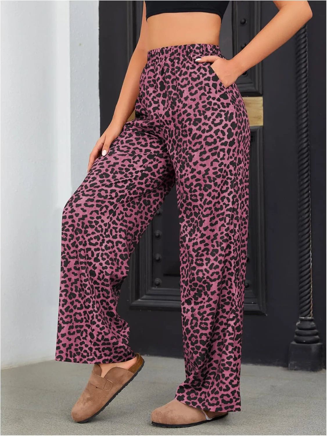 OYOANGLE Women's Leopard Print Elastic High Waist Long Pants Wide Leg Loose Trousers with Pockets