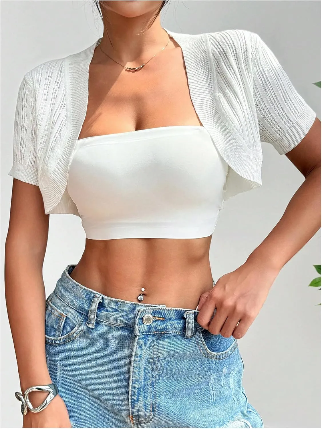 OYOANGLE Women's Short Sleeve Open Front Cropped Cardigan Lightweight Knitted Bolero Shrugs