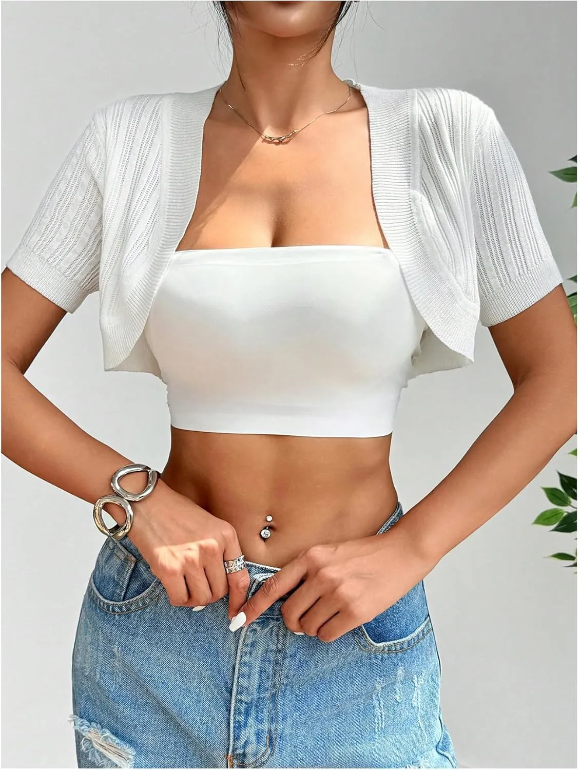 OYOANGLE Women's Short Sleeve Open Front Cropped Cardigan Lightweight Knitted Bolero Shrugs