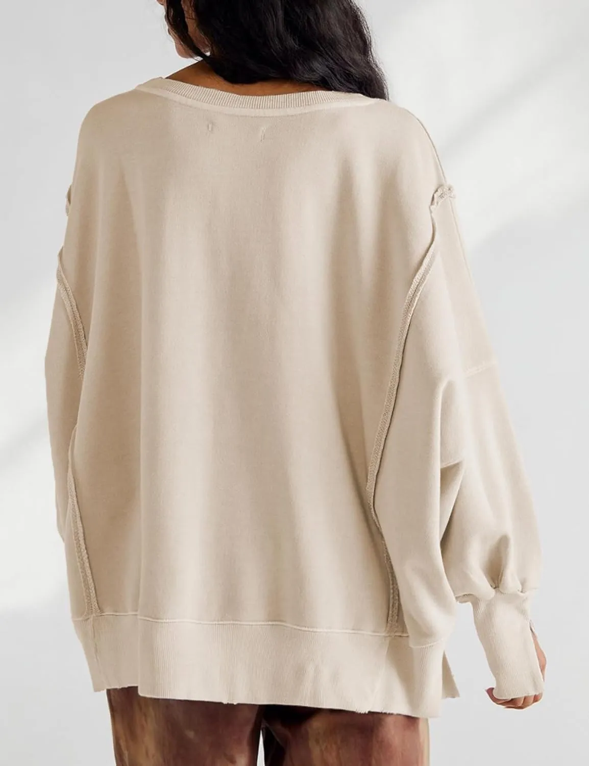 Perbai Womens Oversized Crewneck Sweatshirt Hoodies Reverse Seam Side Slit Long Sleeve Pullover Slouchy Fit Tops