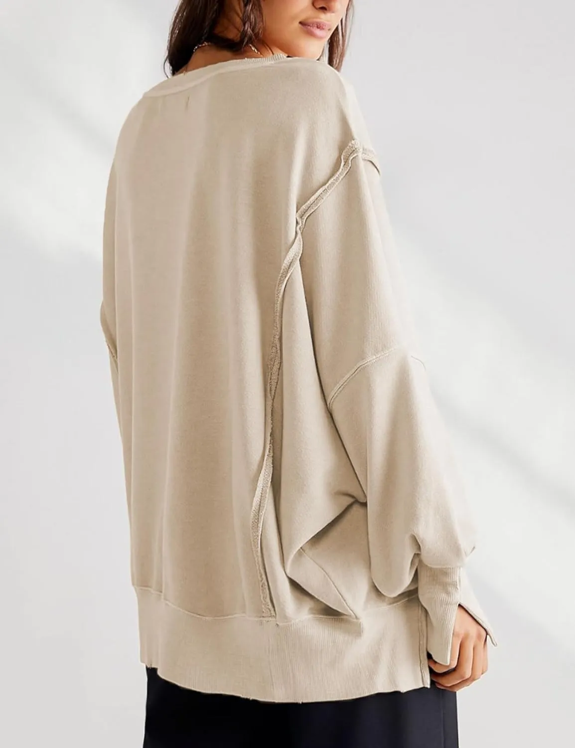 Perbai Womens Oversized Crewneck Sweatshirt Hoodies Reverse Seam Side Slit Long Sleeve Pullover Slouchy Fit Tops