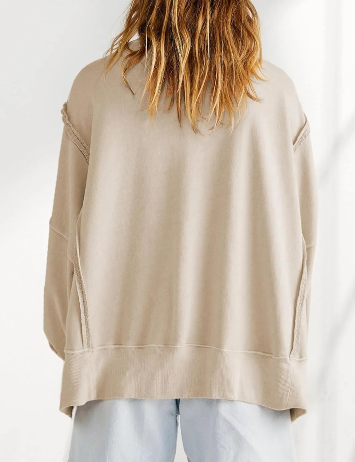 Perbai Womens Oversized Crewneck Sweatshirt Hoodies Reverse Seam Side Slit Long Sleeve Pullover Slouchy Fit Tops