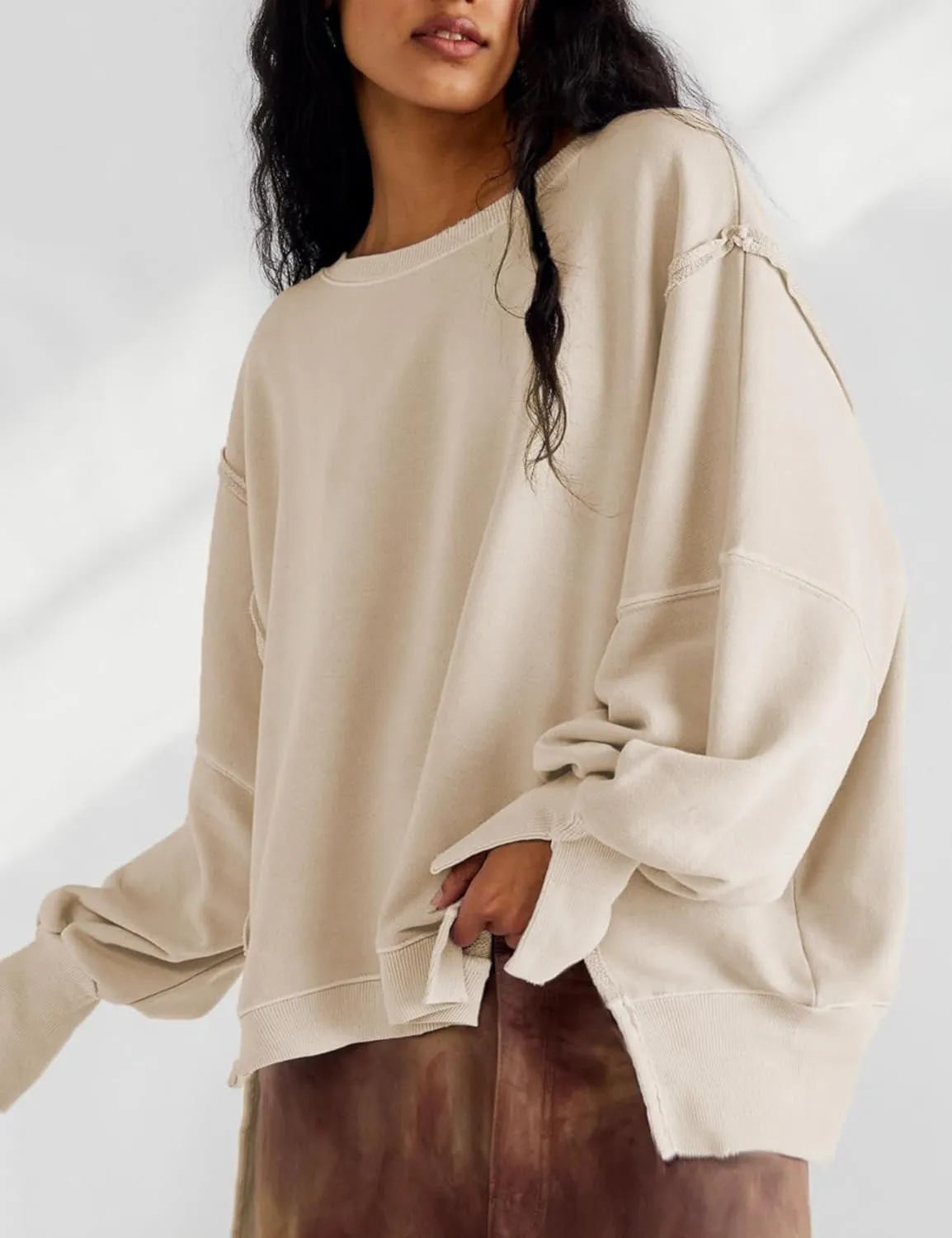 Perbai Womens Oversized Crewneck Sweatshirt Hoodies Reverse Seam Side Slit Long Sleeve Pullover Slouchy Fit Tops