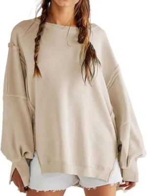 Perbai Womens Oversized Crewneck Sweatshirt Hoodies Reverse Seam Side Slit Long Sleeve Pullover Slouchy Fit Tops