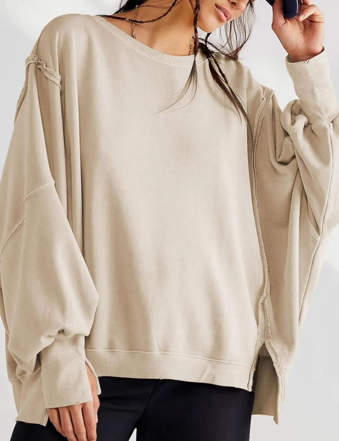 Perbai Womens Oversized Crewneck Sweatshirt Hoodies Reverse Seam Side Slit Long Sleeve Pullover Slouchy Fit Tops