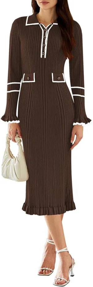 Pink Queen Women's V Neck Bodycon Sweater Dress 2024 Long Sleeve Half Button Slim Fitted Ruffle Ribbed Knit Maxi Pencil Dress