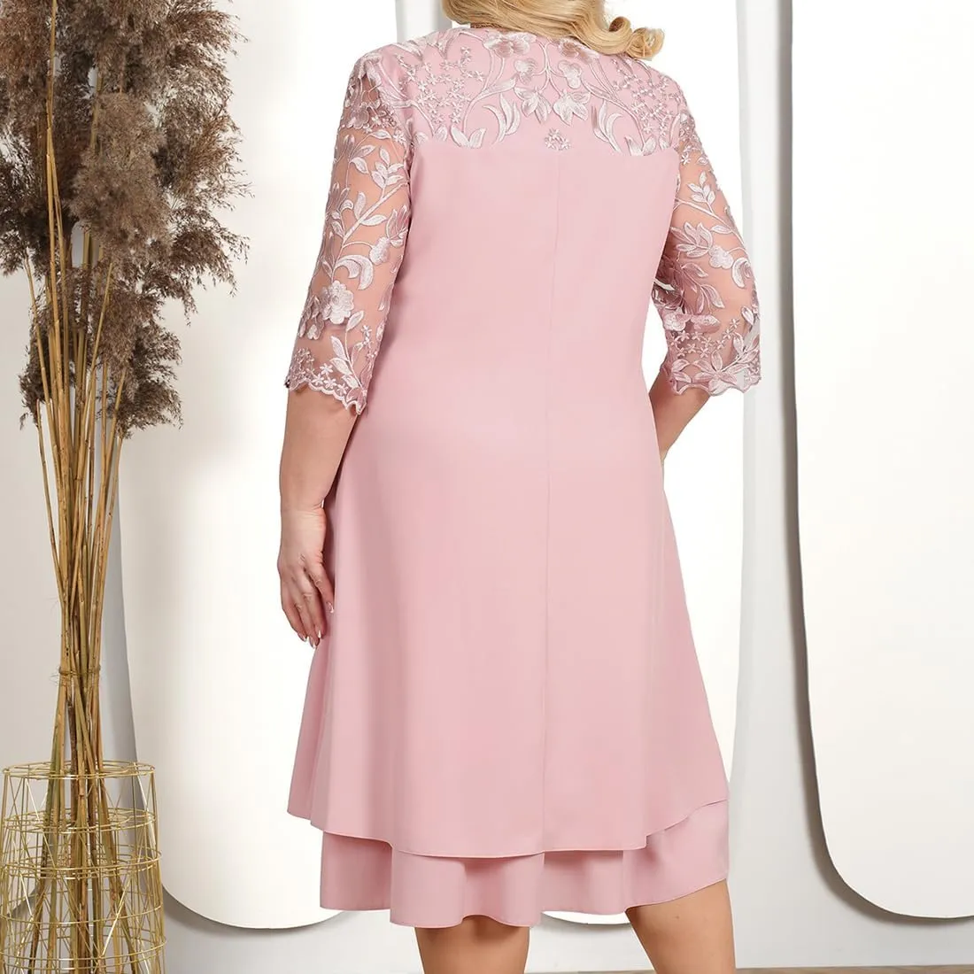 Plus Size Cocktail Dress for Curvy Women 1/2 Sleeve Floral Embroidery Chiffon Wedding Guest Dress