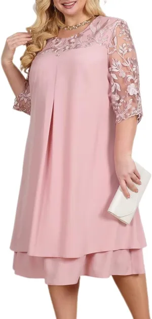 Plus Size Cocktail Dress for Curvy Women 1/2 Sleeve Floral Embroidery Chiffon Wedding Guest Dress