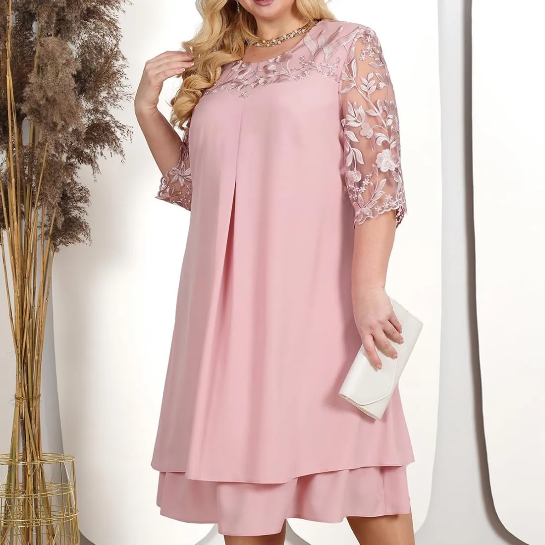 Plus Size Cocktail Dress for Curvy Women 1/2 Sleeve Floral Embroidery Chiffon Wedding Guest Dress
