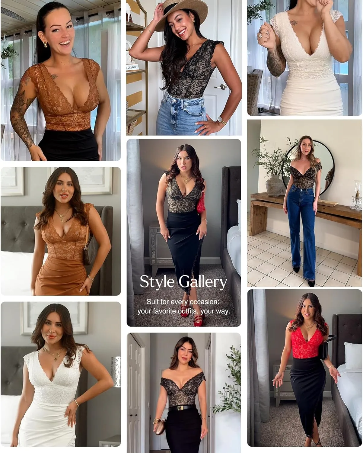 Popilush Lace Body Suits Women - Tank Top Thong Shapewear Tummy Control Going Out Tops Deep V Neck BodySuit
