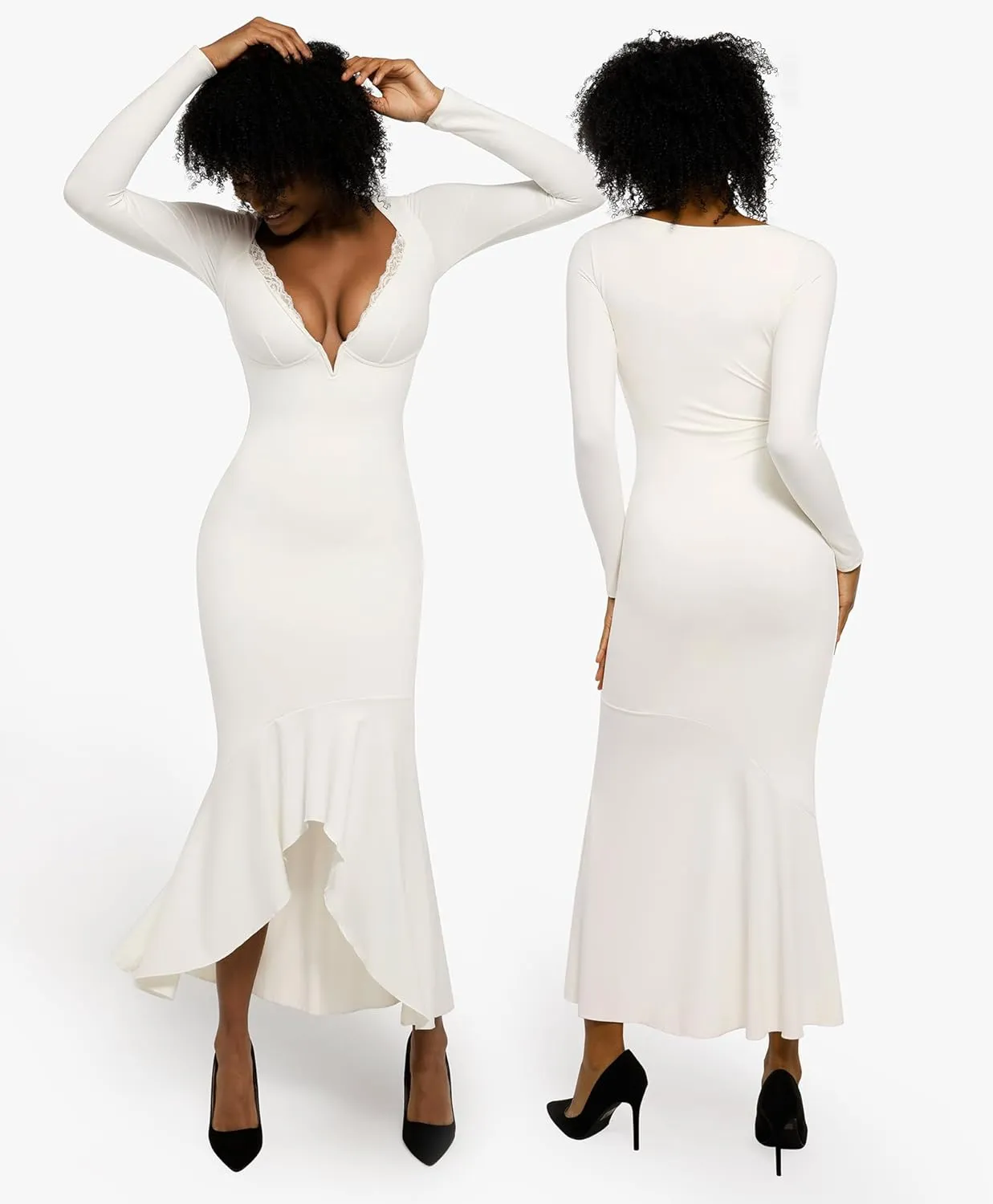 Popilush Long Sleeve Cocktail Dress for Women Shapewear Tummy Control Party Dresses Deep V Neck Lace Mermaid Maxi Dress