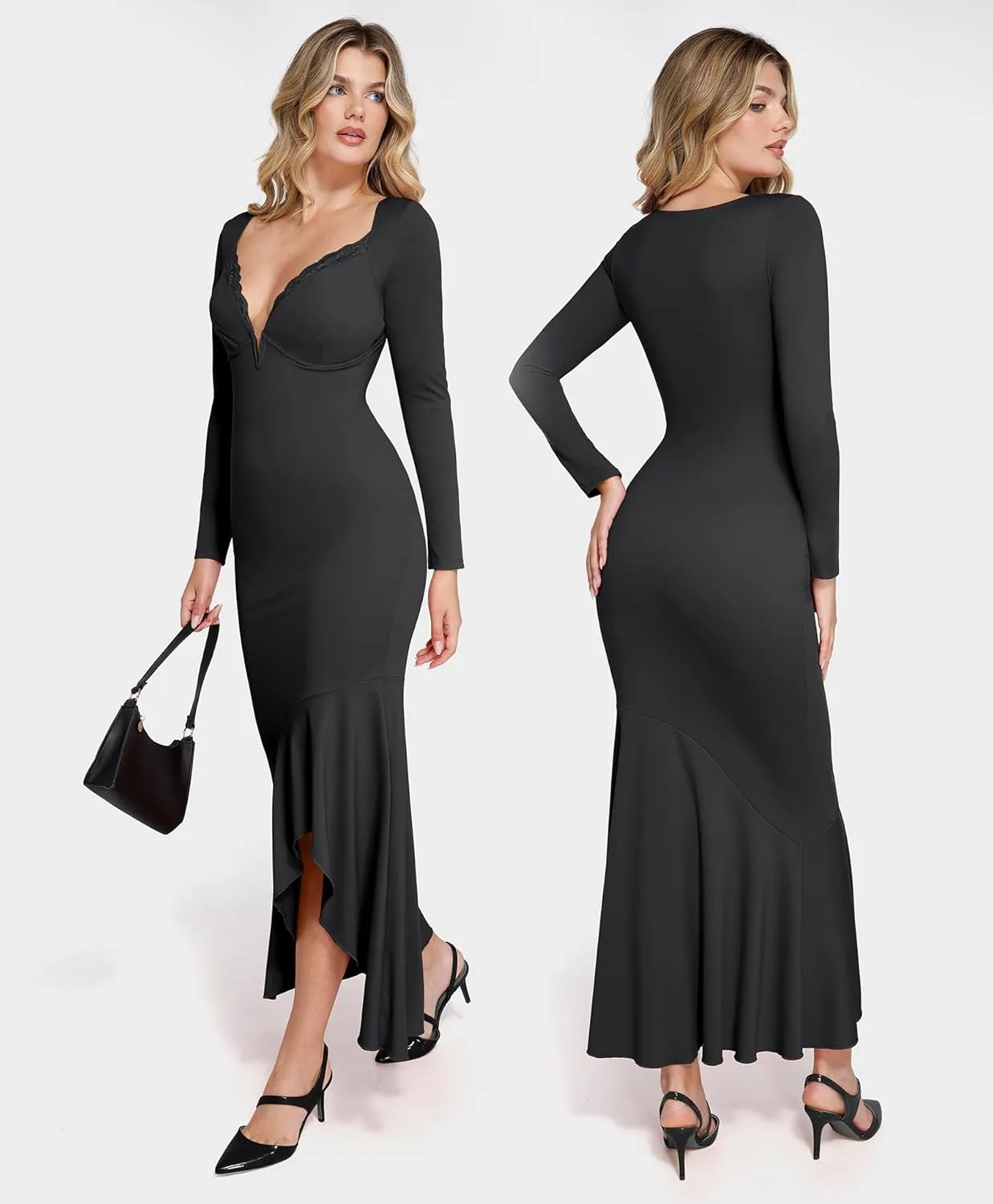 Popilush Long Sleeve Cocktail Dress for Women Shapewear Tummy Control Party Dresses Deep V Neck Lace Mermaid Maxi Dress