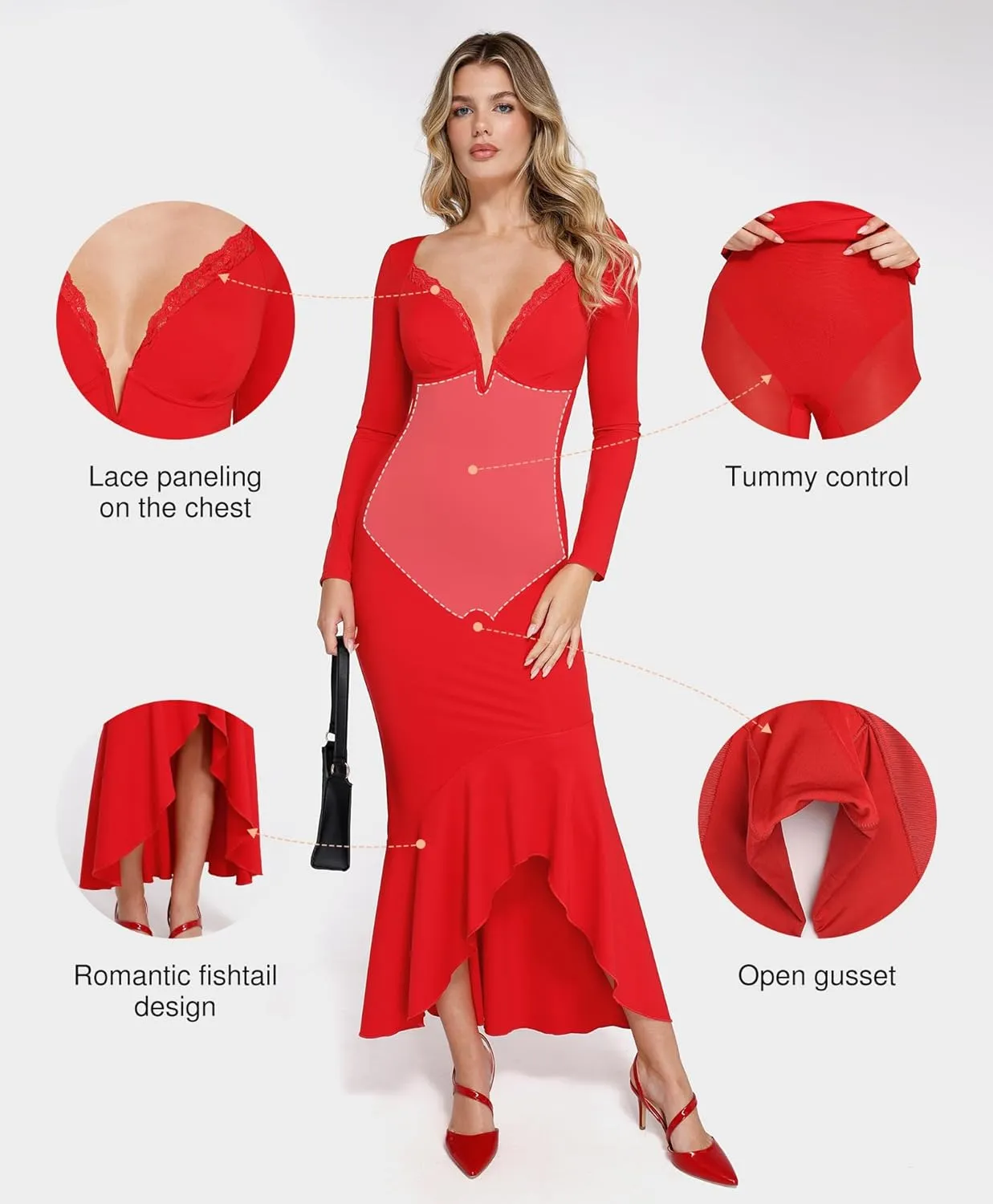 Popilush Long Sleeve Cocktail Dress for Women Shapewear Tummy Control Party Dresses Deep V Neck Lace Mermaid Maxi Dress