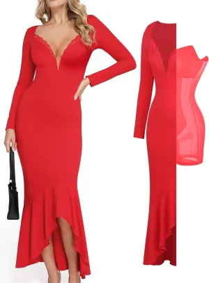 Popilush Long Sleeve Cocktail Dress for Women Shapewear Tummy Control Party Dresses Deep V Neck Lace Mermaid Maxi Dress