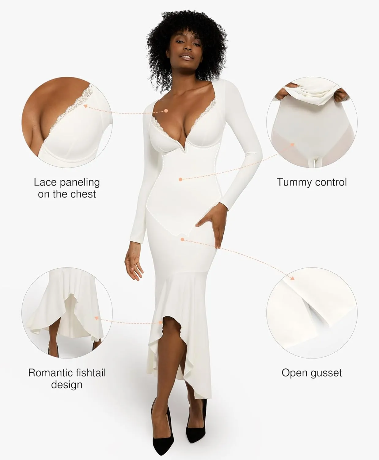 Popilush Long Sleeve Cocktail Dress for Women Shapewear Tummy Control Party Dresses Deep V Neck Lace Mermaid Maxi Dress