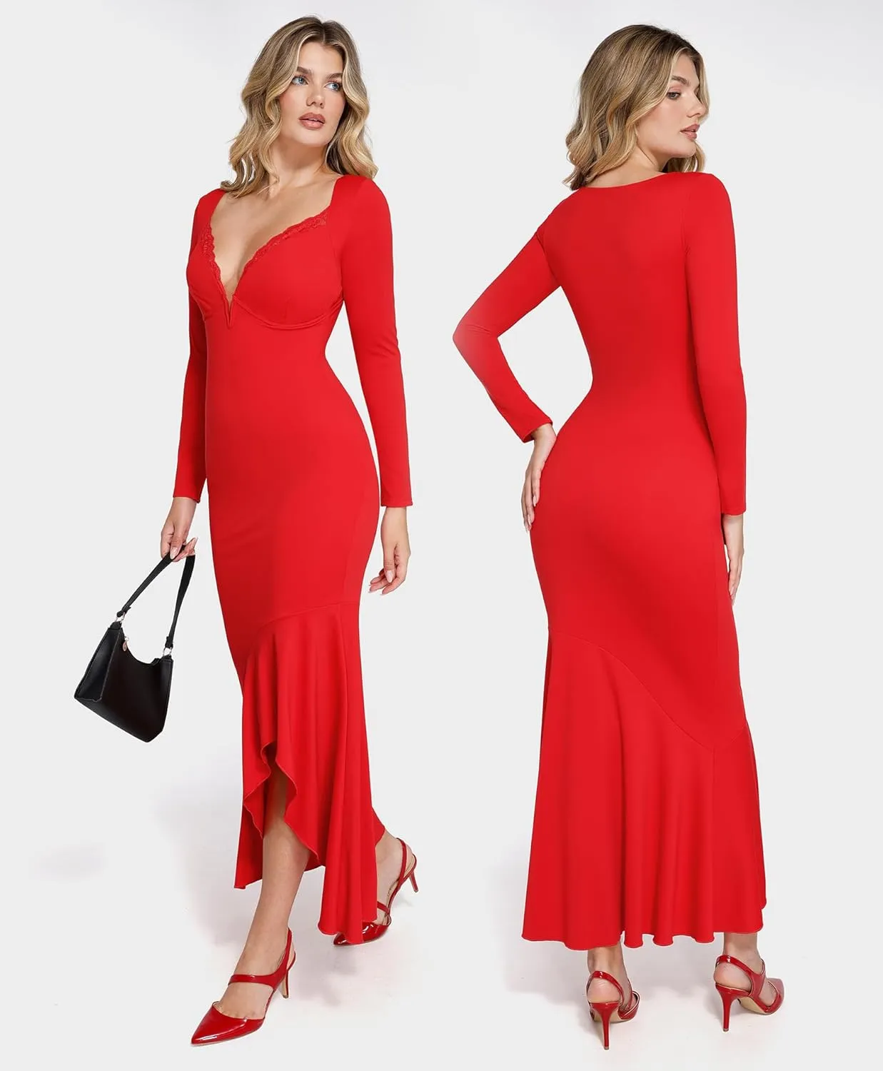 Popilush Long Sleeve Cocktail Dress for Women Shapewear Tummy Control Party Dresses Deep V Neck Lace Mermaid Maxi Dress