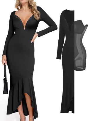 Popilush Long Sleeve Cocktail Dress for Women Shapewear Tummy Control Party Dresses Deep V Neck Lace Mermaid Maxi Dress