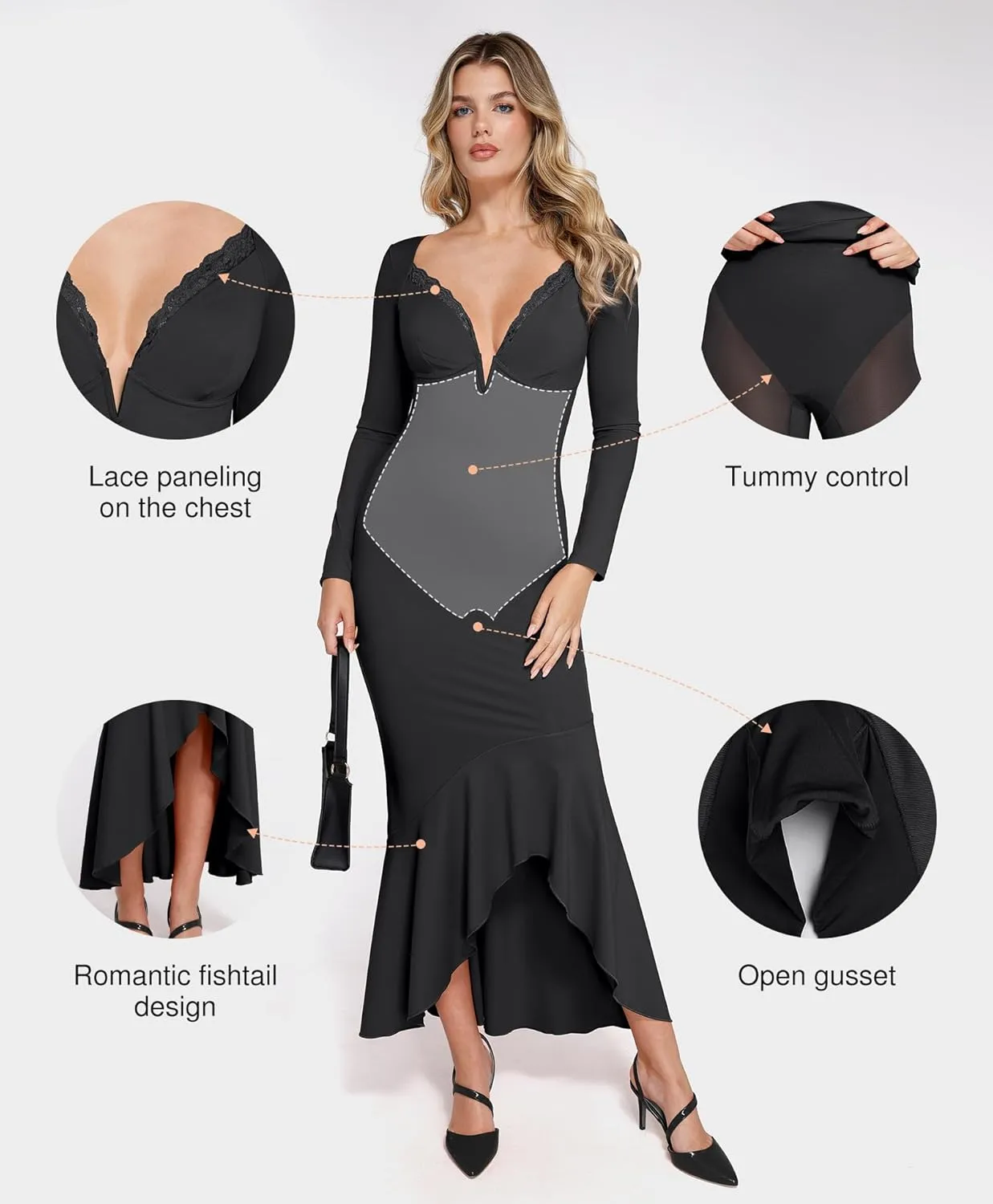 Popilush Long Sleeve Cocktail Dress for Women Shapewear Tummy Control Party Dresses Deep V Neck Lace Mermaid Maxi Dress