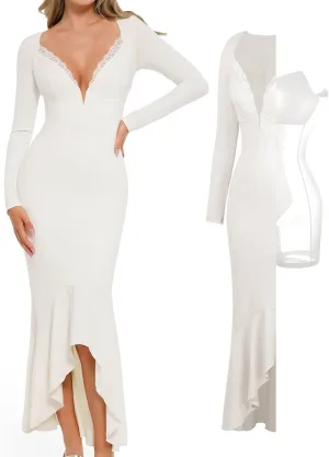 Popilush Long Sleeve Cocktail Dress for Women Shapewear Tummy Control Party Dresses Deep V Neck Lace Mermaid Maxi Dress