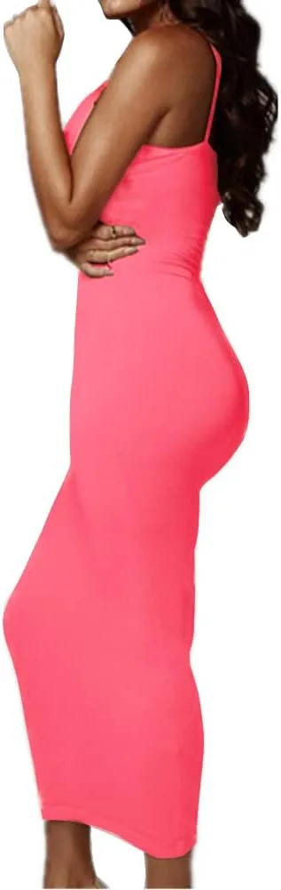 PRIMODA Women's Sexy Neon Asymmetrical Spaghetti Strap Dress Deep V-Neck Sleeveless Bodycon Midi Club Dress