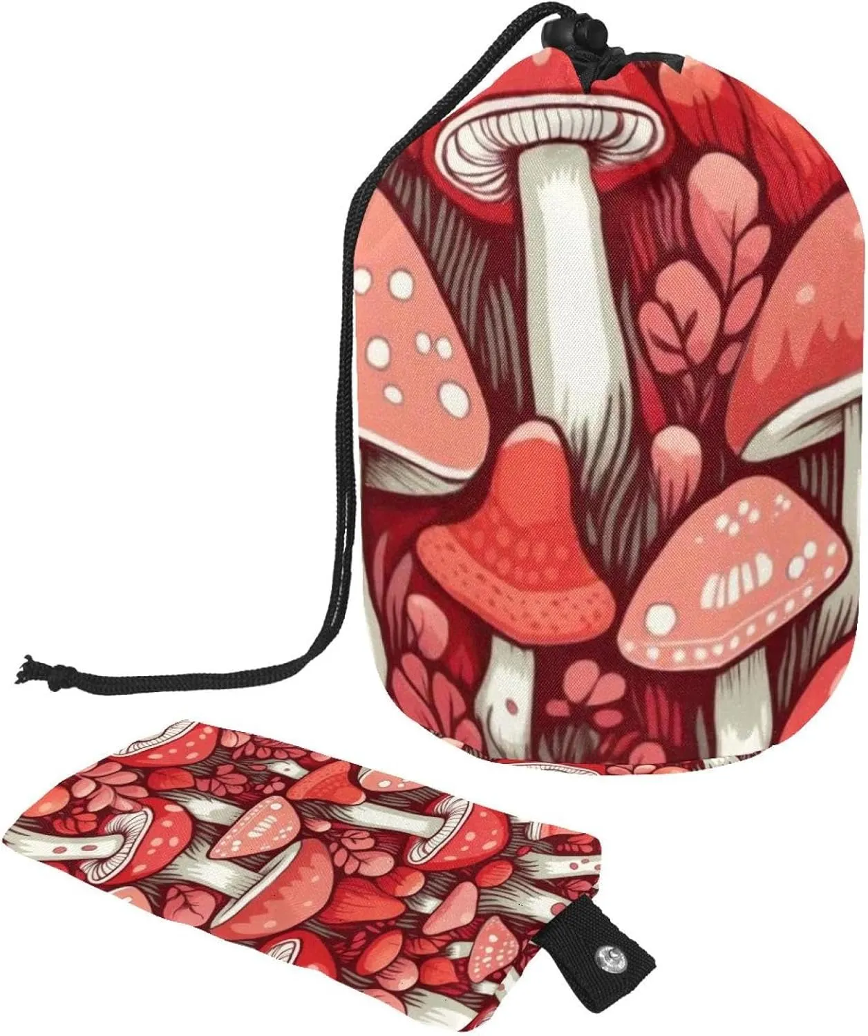 Red Mushroom Print Travel Cosmetic Bags Makeup Bag for Women, Foldable Drawstring Travel Cosmetic Bags, Portable Toiletry Bucket Bag