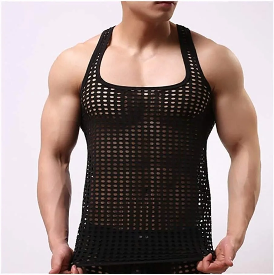 RENLIANG-CLOTH Mens Tank Tops Undershirts Mesh Hollow Out See Through Shirts Fishnet T Shirts Sports Fitness Vest