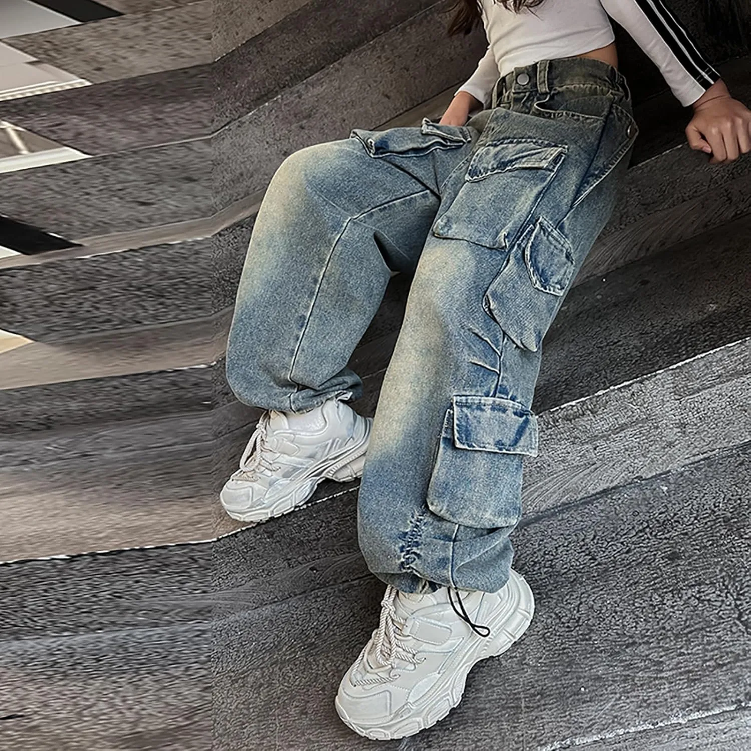 Rolanko Girls Cargo Pants Baggy Y2K Cargo Trousers Jeans Wide Leg Pants with Multi Pockets 4-15 Years