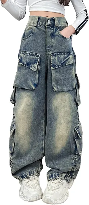 Rolanko Girls Cargo Pants Baggy Y2K Cargo Trousers Jeans Wide Leg Pants with Multi Pockets 4-15 Years