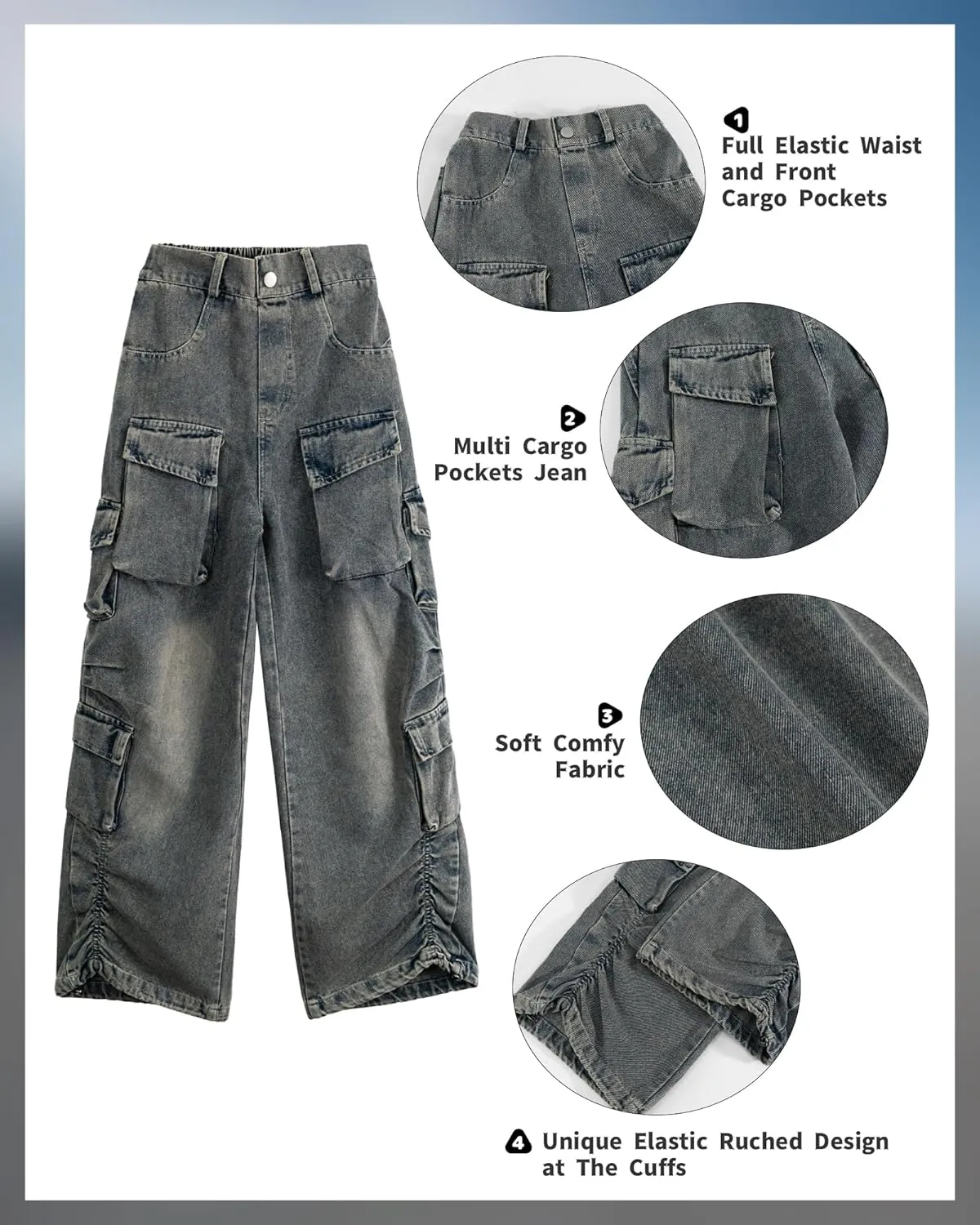 Rolanko Girls Cargo Pants Baggy Y2K Cargo Trousers Jeans Wide Leg Pants with Multi Pockets 4-15 Years