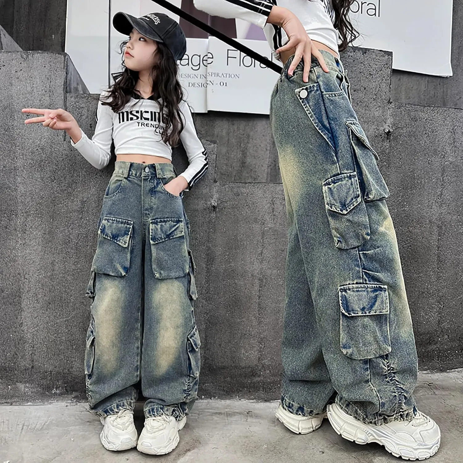 Rolanko Girls Cargo Pants Baggy Y2K Cargo Trousers Jeans Wide Leg Pants with Multi Pockets 4-15 Years