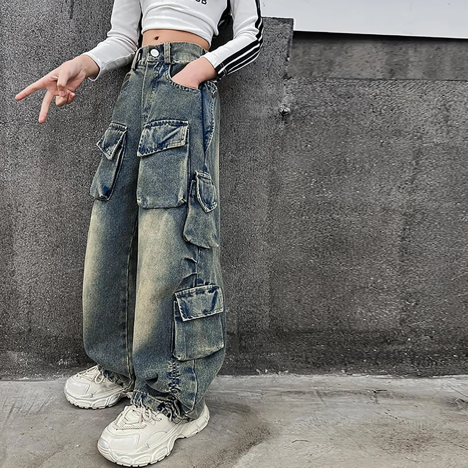 Rolanko Girls Cargo Pants Baggy Y2K Cargo Trousers Jeans Wide Leg Pants with Multi Pockets 4-15 Years