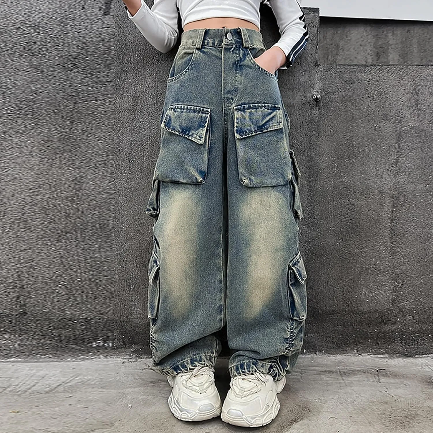 Rolanko Girls Cargo Pants Baggy Y2K Cargo Trousers Jeans Wide Leg Pants with Multi Pockets 4-15 Years