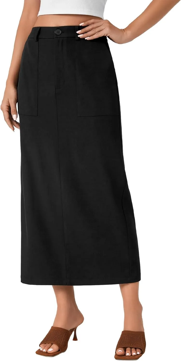 Rooscier Women's Split Back Elastic High Waist Pencil Cargo Midi Long Skirt with Pockets