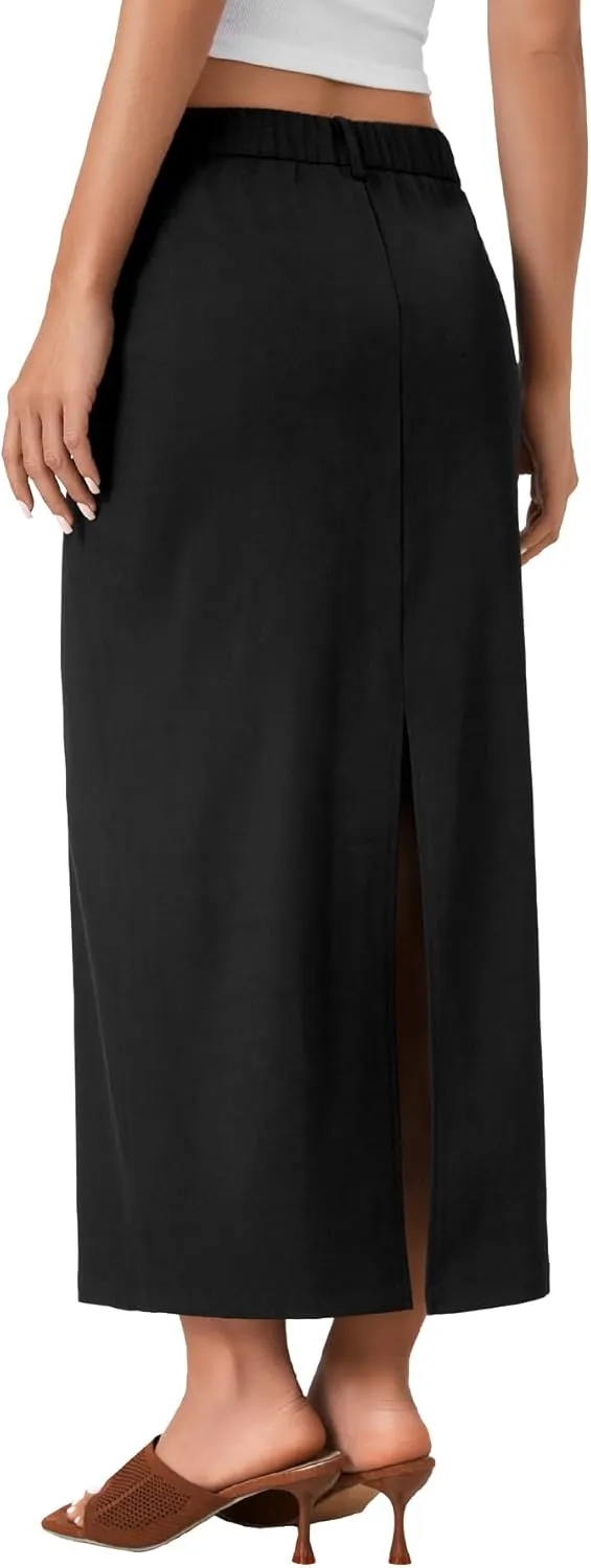Rooscier Women's Split Back Elastic High Waist Pencil Cargo Midi Long Skirt with Pockets
