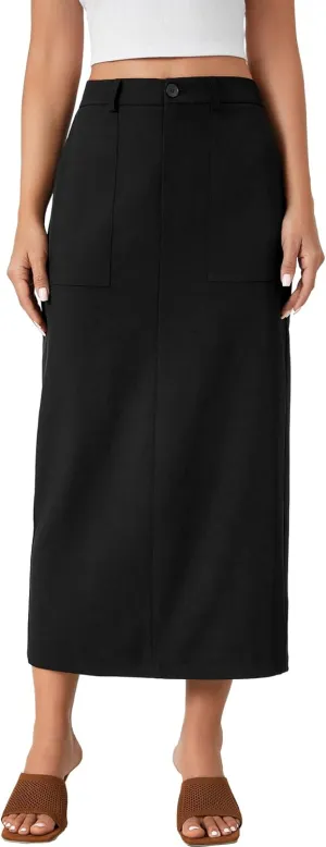 Rooscier Women's Split Back Elastic High Waist Pencil Cargo Midi Long Skirt with Pockets