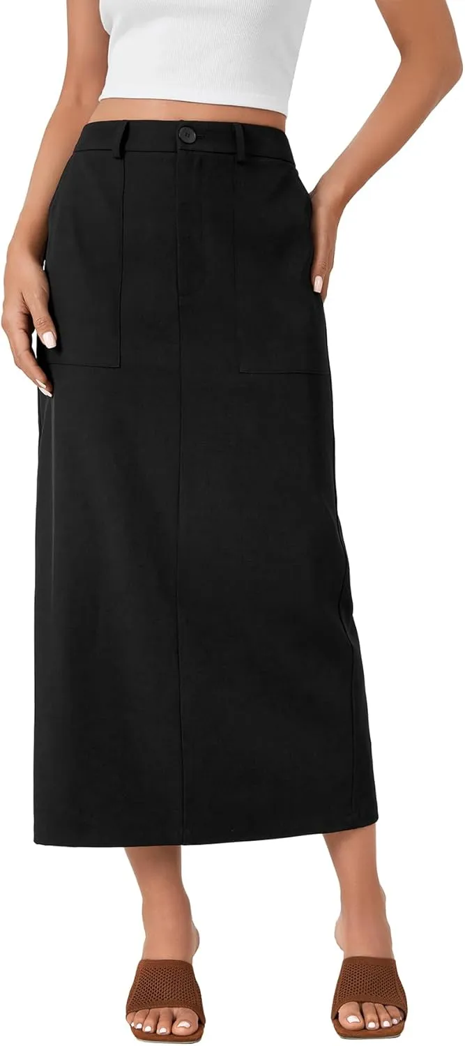 Rooscier Women's Split Back Elastic High Waist Pencil Cargo Midi Long Skirt with Pockets