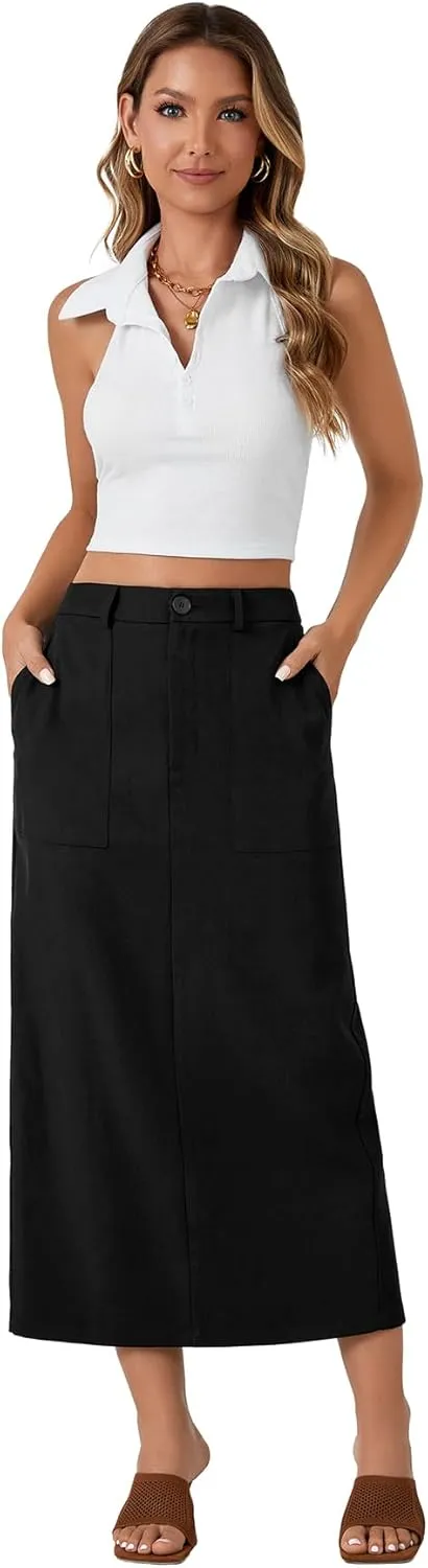 Rooscier Women's Split Back Elastic High Waist Pencil Cargo Midi Long Skirt with Pockets